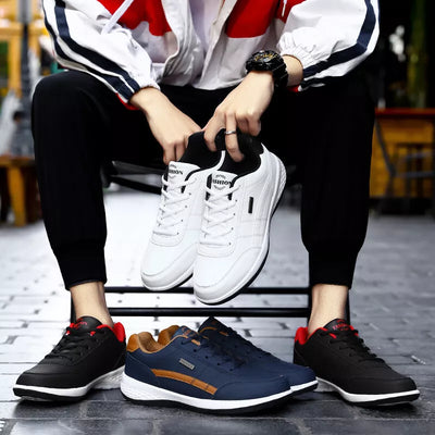 Sapatos ortopédicos confortáveis — com apoio para o arco do pé, para aliviar a dor; leves, com amortecimento e revestimento em pele impermeável.