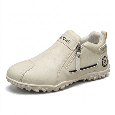 Sapatos ortopédicos confortáveis — com apoio do arco do pé, para aliviar a dor; leves e com amortecimento, com revestimento em pele de fácil manutenção.