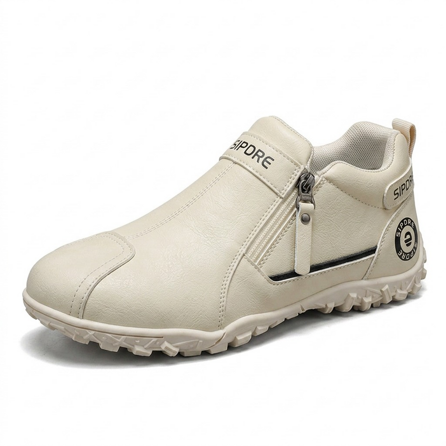 Sapatos ortopédicos confortáveis — com apoio do arco do pé, para aliviar a dor; leves e com amortecimento, com revestimento em pele de fácil manutenção.