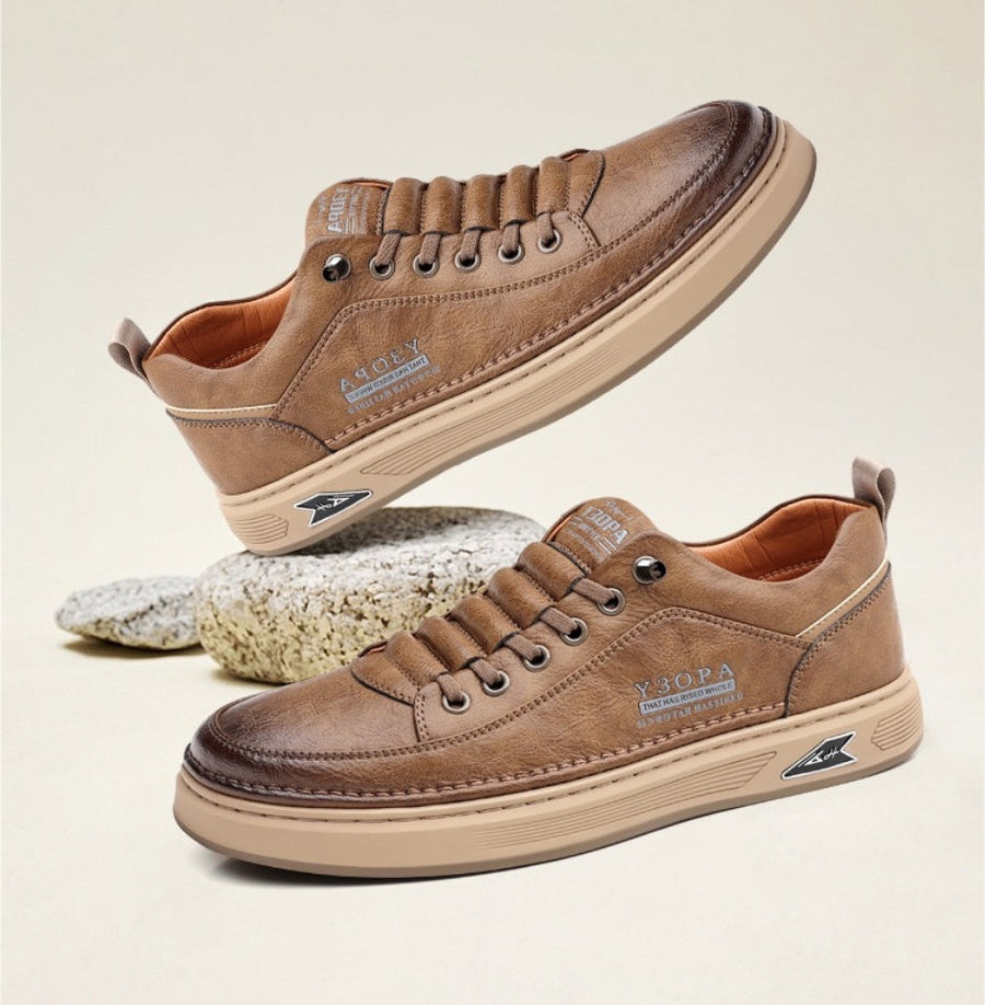 Sapatos ortopédicos confortáveis — costurados à mão, com amortecimento suave e revestimento em pele impermeável.