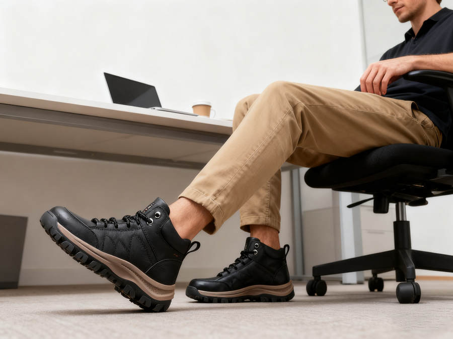 Sapatos ortopédicos para uso profissional — fabricados à mão em pele de vaca italiana; com apoio para o arco do pé; antiderrapantes e resistentes.