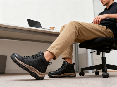 Sapatos ortopédicos para uso profissional — fabricados à mão em pele de vaca italiana; com apoio para o arco do pé; antiderrapantes e resistentes.