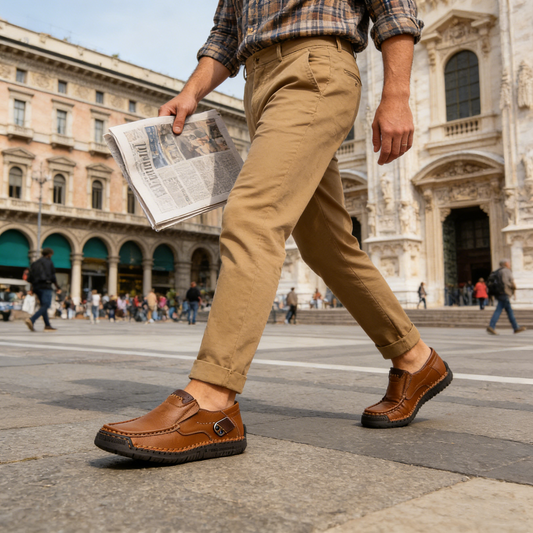 Sapatos ortopédicos confortáveis — fabricados em pele de vaca italiana, com apoio para o arco do pé, para aliviar a dor; leves e com amortecimento.