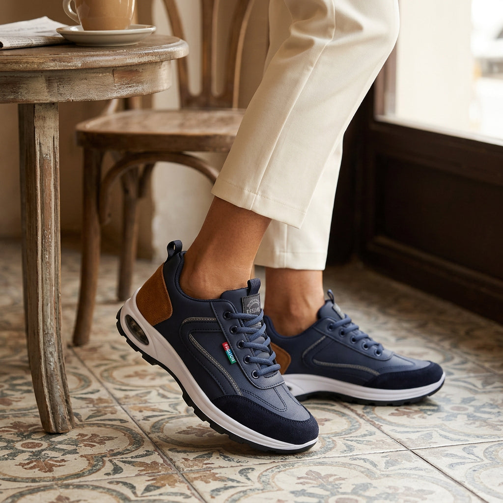 Sapatos ortopédicos confortáveis — com apoio para o arco do pé, para aliviar a dor; protegem os pés, para que não se canse mesmo após longas caminhadas.