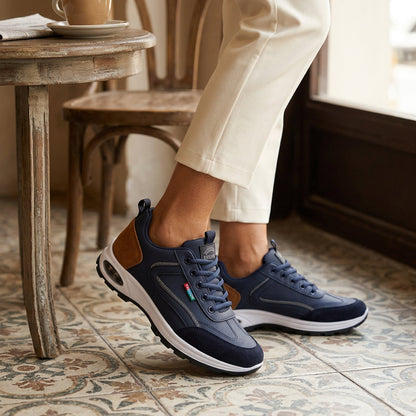 Sapatos ortopédicos confortáveis — com apoio para o arco do pé, para aliviar a dor; protegem os pés, para que não se canse mesmo após longas caminhadas.