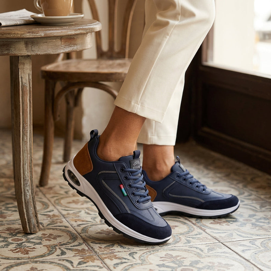 Sapatos ortopédicos confortáveis — com apoio para o arco do pé, para aliviar a dor; protegem os pés, para que não se canse mesmo após longas caminhadas.