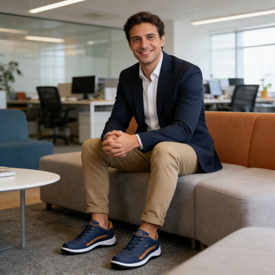 Sapatos ortopédicos confortáveis — com apoio para o arco do pé, para aliviar a dor; leves, com amortecimento e revestimento em pele impermeável.