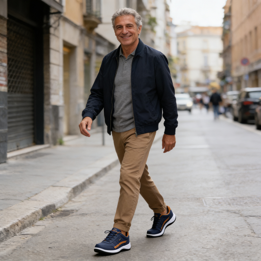 Sapatos ortopédicos confortáveis — com apoio para o arco do pé, para aliviar a dor; leves, com amortecimento e revestimento em pele impermeável.