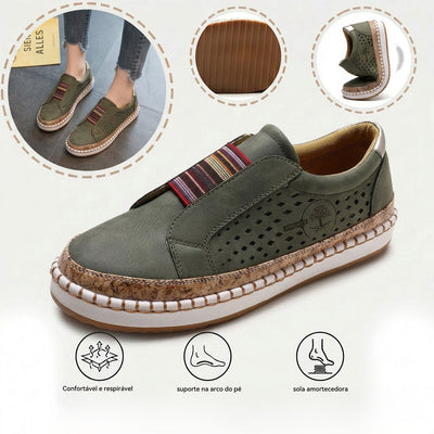Sapatos ortopédicos confortáveis — com apoio para o arco do pé, para aliviar a dor; respiráveis.