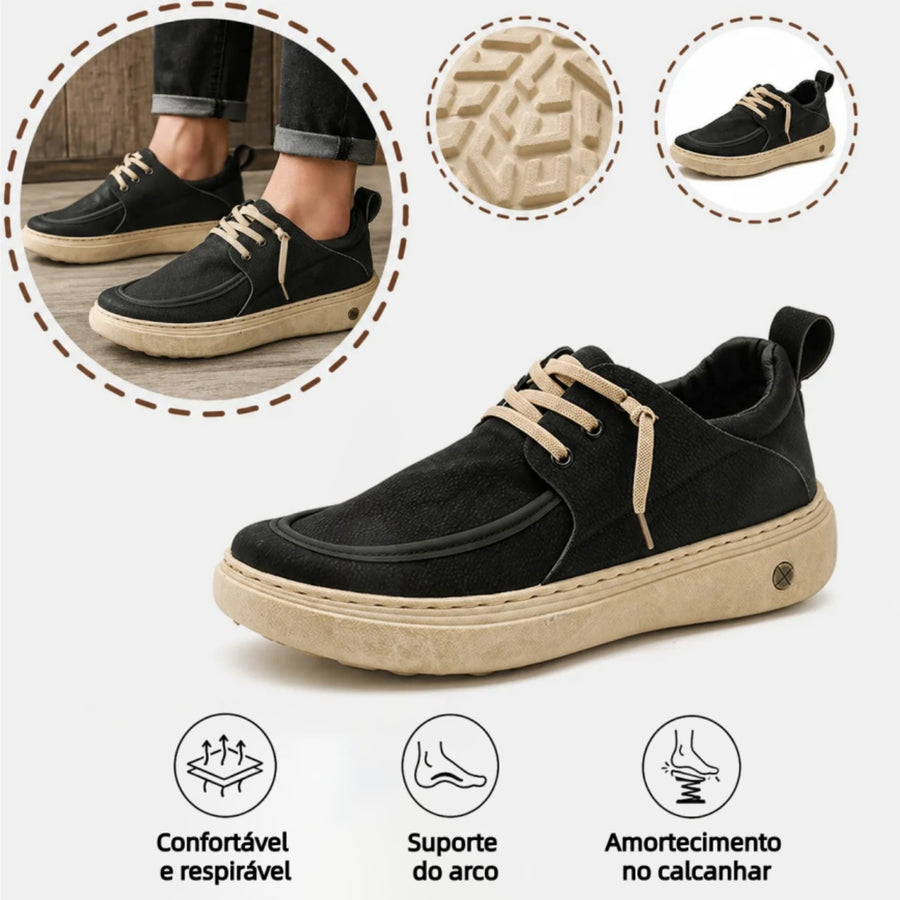 Sapatos ortopédicos casuais e elegantes — com apoio para o arco do pé, para aliviar a dor, e com revestimento em pele de fácil manutenção
