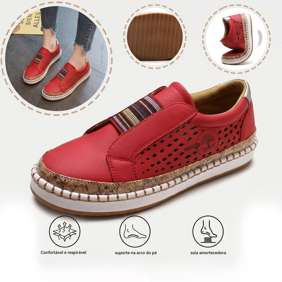 Sapatos ortopédicos confortáveis — com apoio para o arco do pé, para aliviar a dor; respiráveis.