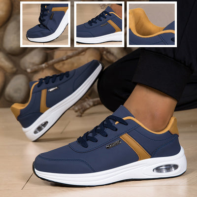 Sapatos ortopédicos confortáveis — com apoio para o arco do pé, para aliviar a dor; leves, com amortecimento e revestimento em pele impermeável.